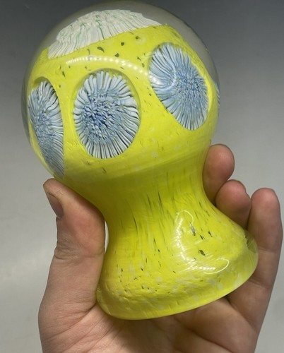 Vintage 20th C. Hand Blown Pedestaled Yellow Millefiori Glass Paperweight - Picture 3 of 21