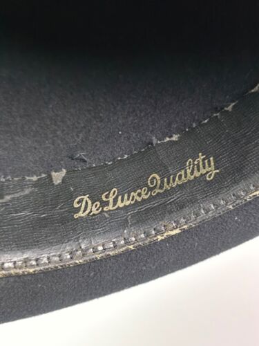 Vintage DeLuxe Quality Black Wool top hat 6.75" tall black bow "good" cond. - Picture 7 of 13