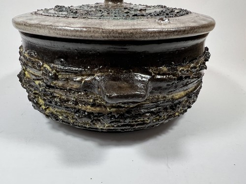 Vintage Iceland Glit Real Lava Ceramic Lidded Bowl Brutalist Green Brown - Picture 12 of 15