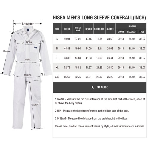 HISEA Men Long Sleeve Coverall Workwear Jumpsuit Boilersuit Protective Work Gear - Picture 21 of 36