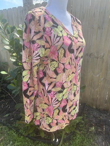 Chico’s Size 2 Colorful 100% Linen Tropical Leaf Print Pullover Knit Top Size L - Picture 2 of 6