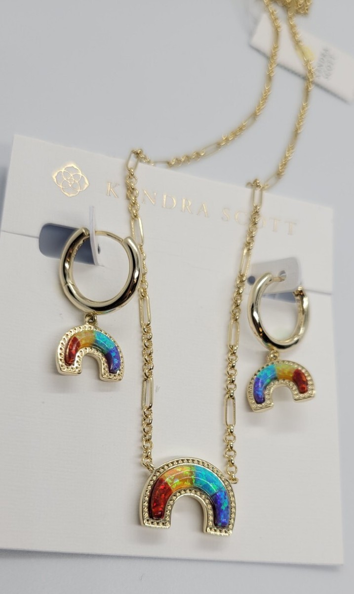 NWT KENDRA SCOTT KYOCERA OPAL RAINBOW NECKLACE HUGGIE EARRINGS