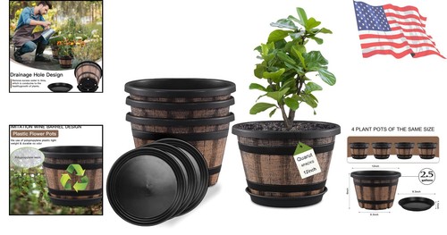 Set of 4 Rustic Whiskey Barrel Planters - 12 Inch Weather-Resistant Flower Pots - Picture 2 of 8