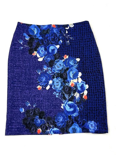 Jacqui E Womens Skirt Blue Red Floral Roses Straight Pencil Midi Office Event 16