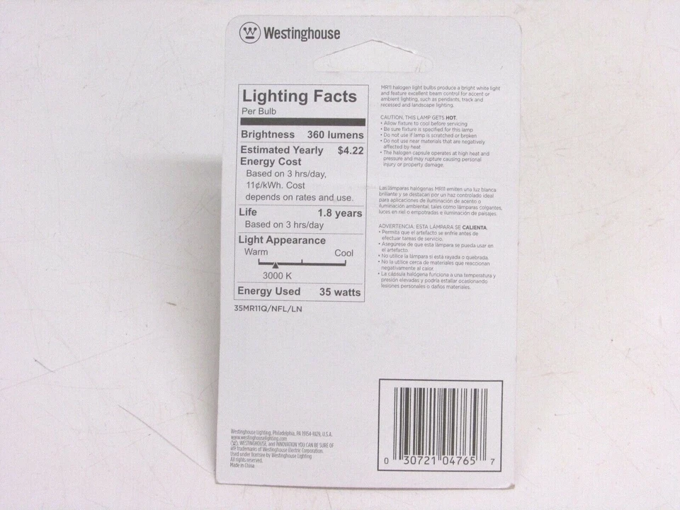 NOS! (2) WESTINGHOUSE 35W / 12V MR11 LENSED NARROW FLOOD BULB, GU4 BASE, 04765 - Image 2 of 2