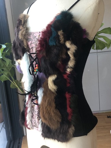 SIZE SMALL VINTAGE UNUSUAL CORSET VEST STRAPPY TOP REAL FUR CONEY MULTICOLOURED - Picture 5 of 12