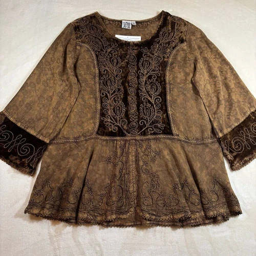 Parsley & Sage Brown Peplum Blouse with Bell Sleeves Boho Cottagecore Artsy NWT