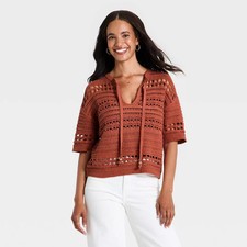 Women Short Sleeve Keyhole Neck Pullover Sweater - Universal Thread Orange XL
