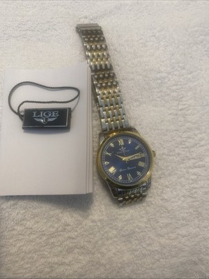 Lige Men's Blue Dial Dress Watch Day-Date Two-Tone Metal Band Analog