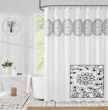 White Embroidered Shower Curtain for Bathroom, Black and White Boho Farmhouse