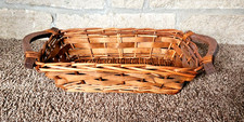 Vintage Rustic Wicker Tray Bread Basket w/Wooden Handles 17 x 8 x 3 Rectangular