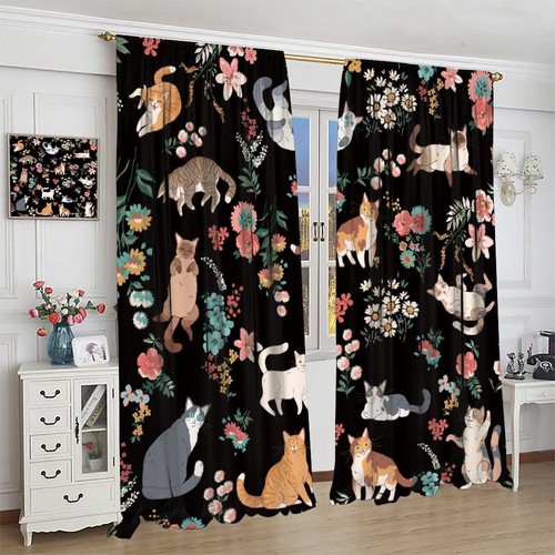 Cartoon Cat Floral Curtains for Girls Boys Bedroom Decor Cute Animals Flower ... - Picture 4 of 7