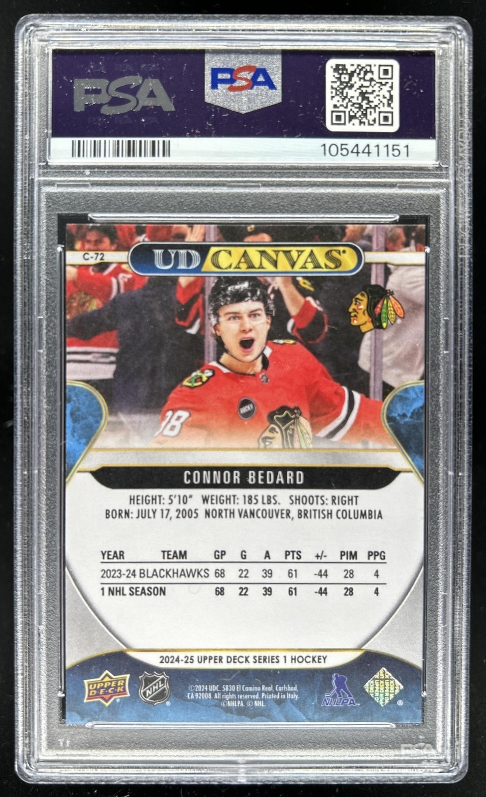 2024-25 Upper Deck Connor Bedard UD Canvas #C-72 Blackhawks PSA 9 view 2