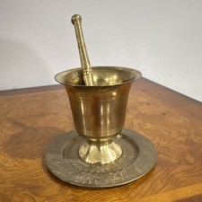 Handmade Metal Mortar & Pestle Set w/ Floral Tray Bowl, Made in India