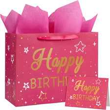 1 PCS Large 13 Inch Pink Star Happy Birthday Gift Bag Card Tissue Paper Bday