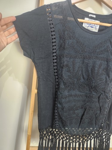 Superdry Black Short Sleeve Lace Detail Fringe Detail Top Size S - Picture 3 of 10