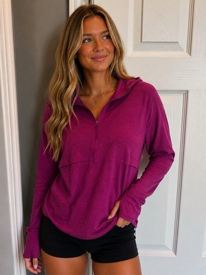 Layer 8 Women s Medium Quarter Zip Pullover Hoodie Purple Quick-Dry Athletic Top