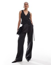ASOS DESIGN Tailored Wide Leg Trousers With Wrap Tie Detail in Grey - UK 14 Tall