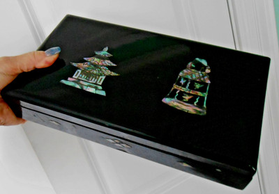 Vint Korean Suzuribako Abalone Shell Lacquerware Box Najeonchilgi Temple Bell