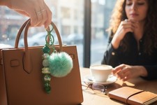 Mint Green Pom Pom Beaded Keychain With Faux Fur Acrylic Beads