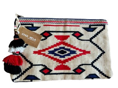 BNWT Star Mela Embroidered Woven Jute Clutch Bag Large Zip Pouch