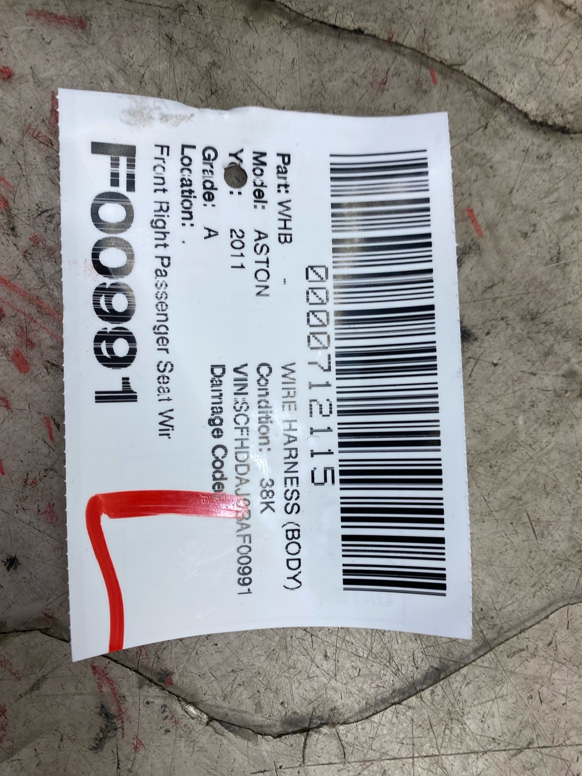 2011 Aston Martin Rapide Front Right Heated & Vented Passenger Seat Wire Harness