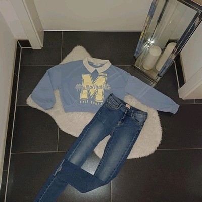 Neu Outfit 134 140 Only Jeanshose skinny stretch Sweatpulli hellblau oversize