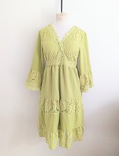 Boho Lace Midi Dress Size L UK 12 Lime Green - Romantic Prairie Style Festival