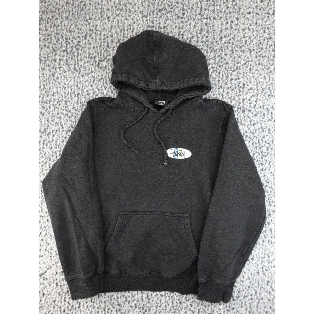 Stussy Hoodie Mens Small Black Good Oval Logo Graphic Fleece