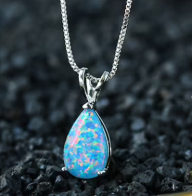 Dainty Blue Opal Pendant Teardrop Minimalist Silver Necklace Women Jewelry Gift