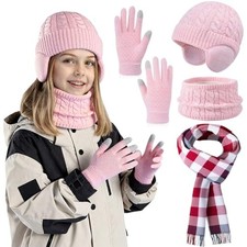 Kids Winter Hat Scarf Gloves Set, Girls Boys Fleece Beanie Hat 4-10 years Pink