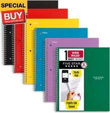 Spiral Notebooks + Study App, 6 Pack, 1 Subject, Wide Ruled Paper, Fights Ink Bl