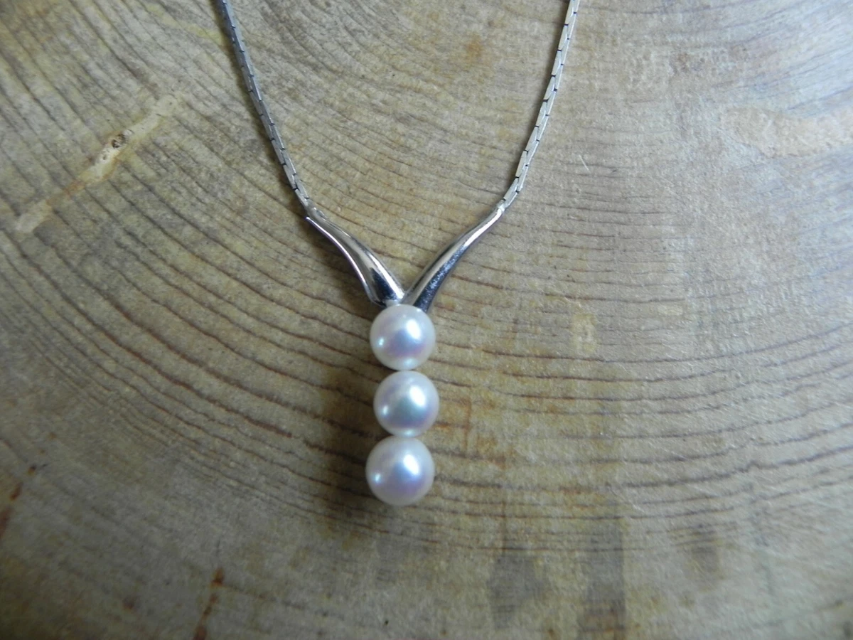 Three Pearls Sterling Silver Necklace 14.5 16