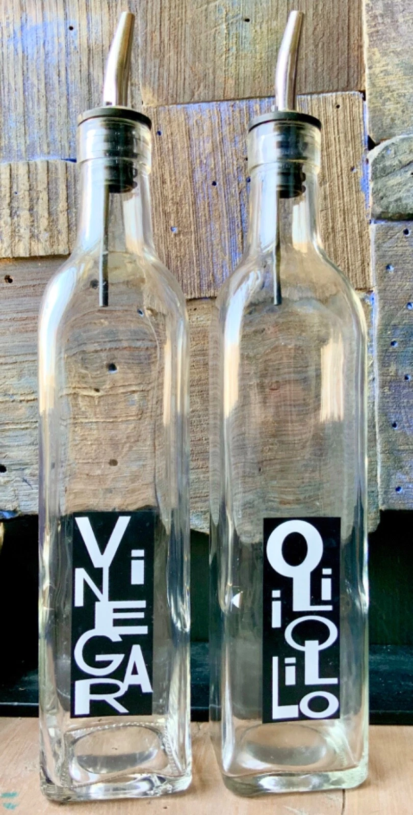 Vintage Oil And Vinegar Dispenser Set Typography on Glass Bottles Rare Font