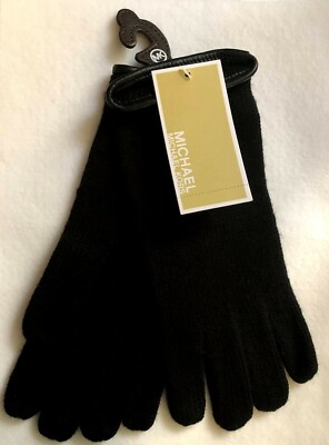 Michael Kors Knit Gloves Mittens Leather Black Trim One Size New