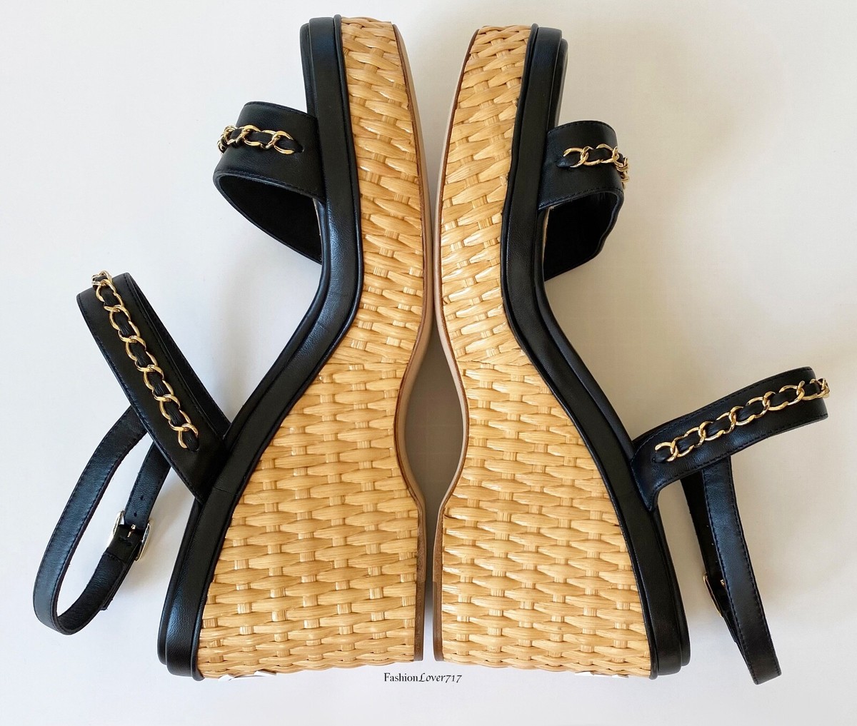 NEW $1225 20C CHANEL BLACK LEATHER CHAIN PLATFORM WEDGE HIGH