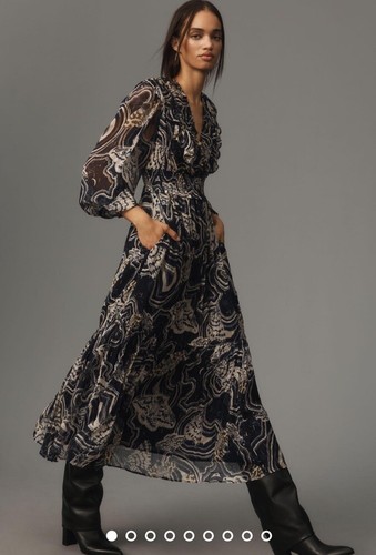 Anthropologie Printer Johnson Long Sleeve V Neck Texture Maxi Dress Navy XLP NEW