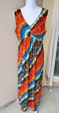 Chicos 2 Maxi Dress Womens Large Orange Blue Vibrant Summer Coastal Vacation Fun