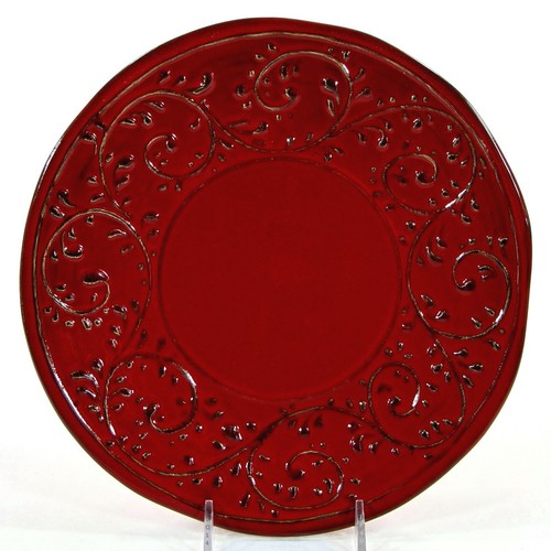 Crate & Barrel CARMEN BROCCATO 9" Salad Plate Set 4Pc Red Italy Italian Pottery - Picture 2 of 12