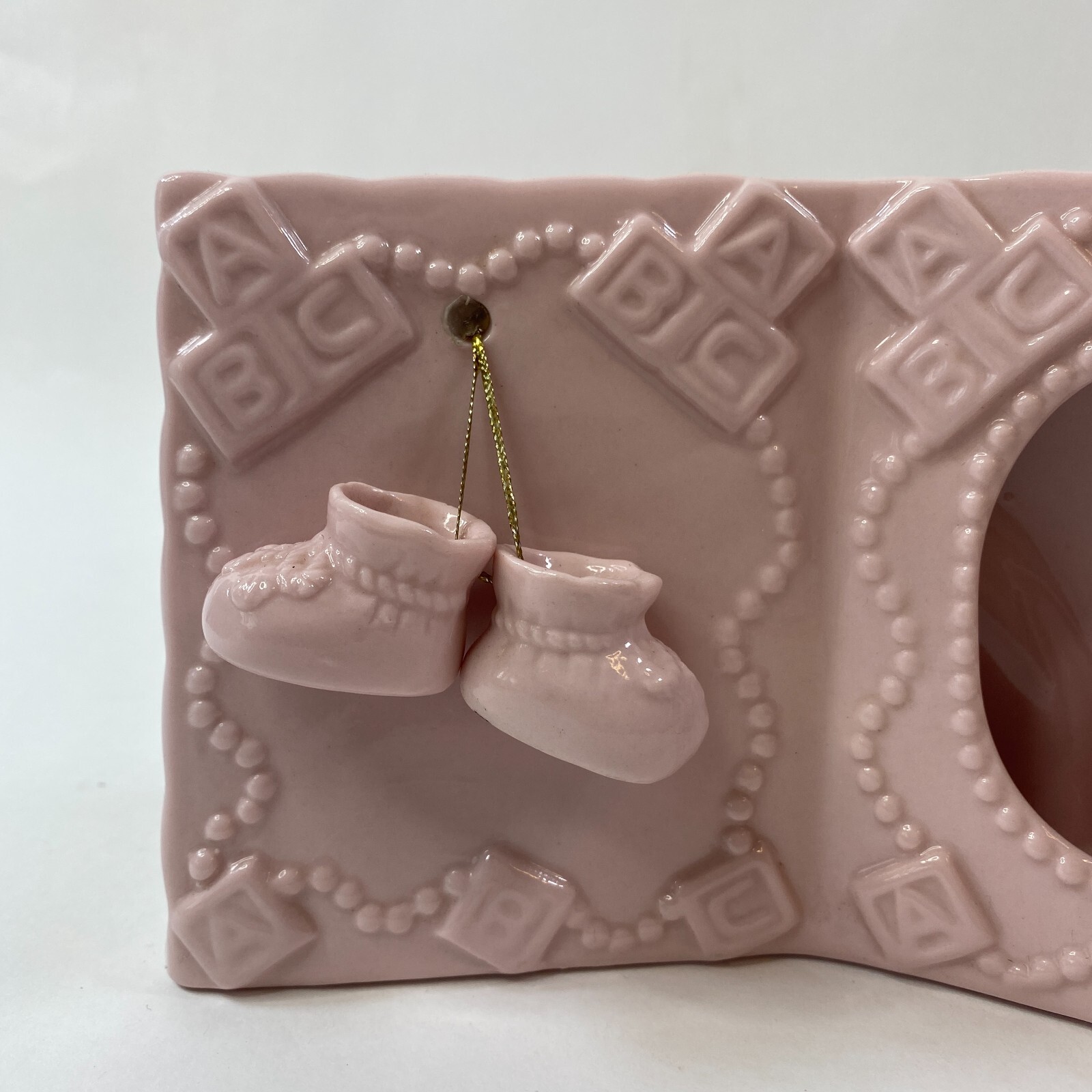 Baby Picture Frame ABC Vintage Ceramic Baby Booties Boots Nursery Pink Girl 4"