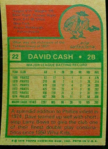 1975 Topps Mini Baseball MLB #22 Dave Cash Phillies NMNT See Photo's - Bild 2 von 2