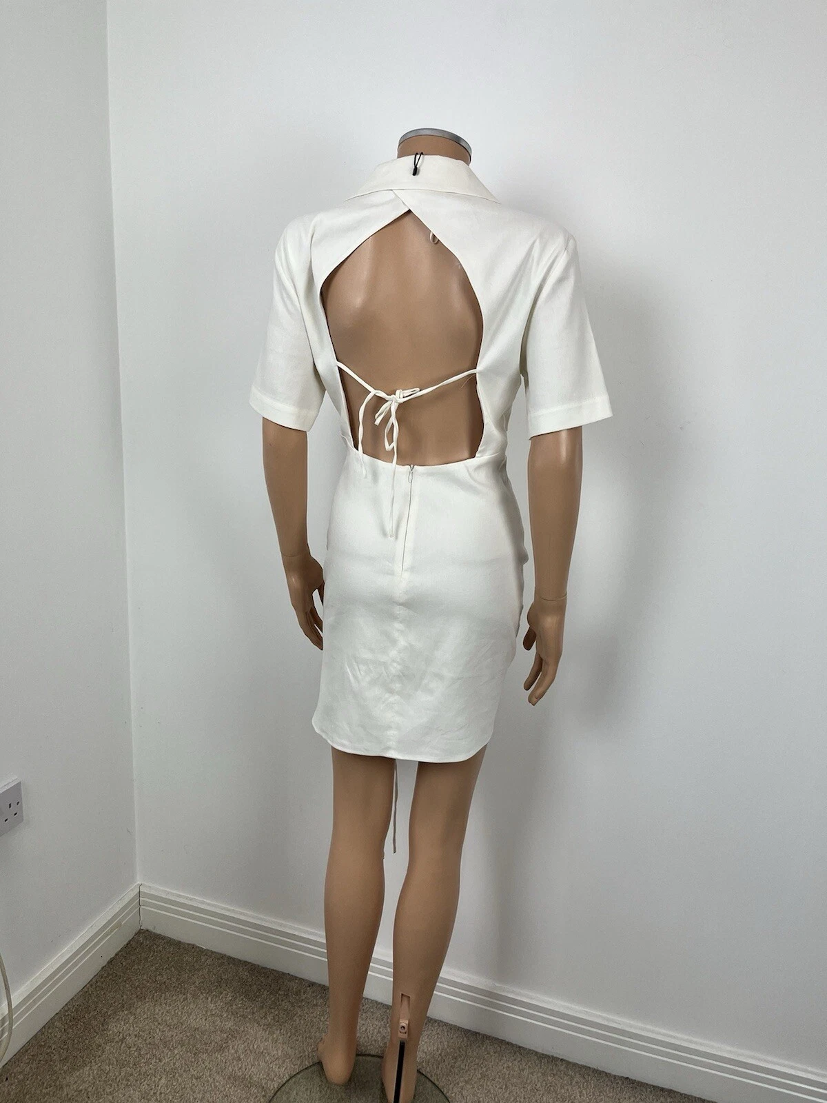 OFF WHITE Mini abito ZARA bianco sporco manica corta ritagliato coulisse camicia schiena aperta M 10