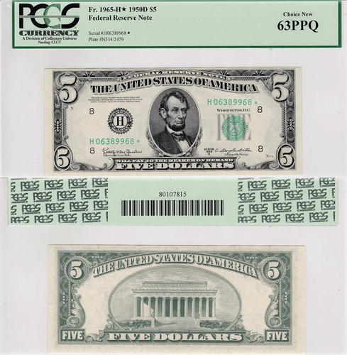 1950-D $5 Federal Reserve Note St. Louis District Star FR 1965-H* PCGS 63PPQ - 第 1/5 張圖片