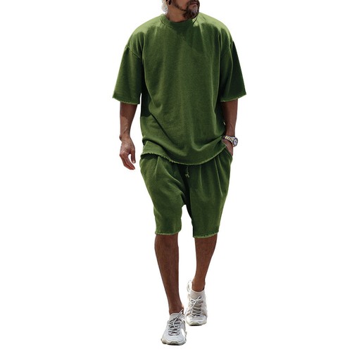 Men Loose Pure Solid Sports Short Sleeve T Shirt Shorts Set Outfit Sportswear - Picture 16 of 32