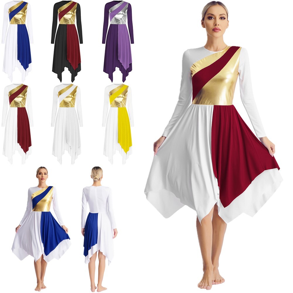 US Women Dresses Christian Dance Dress Worship Dancewear Overlay Praisewear Hem