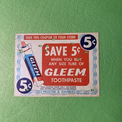Vintage 1965 5 Cent Coupon Gleem Toothpaste Punch Holes Proctor Gamble 9Z2