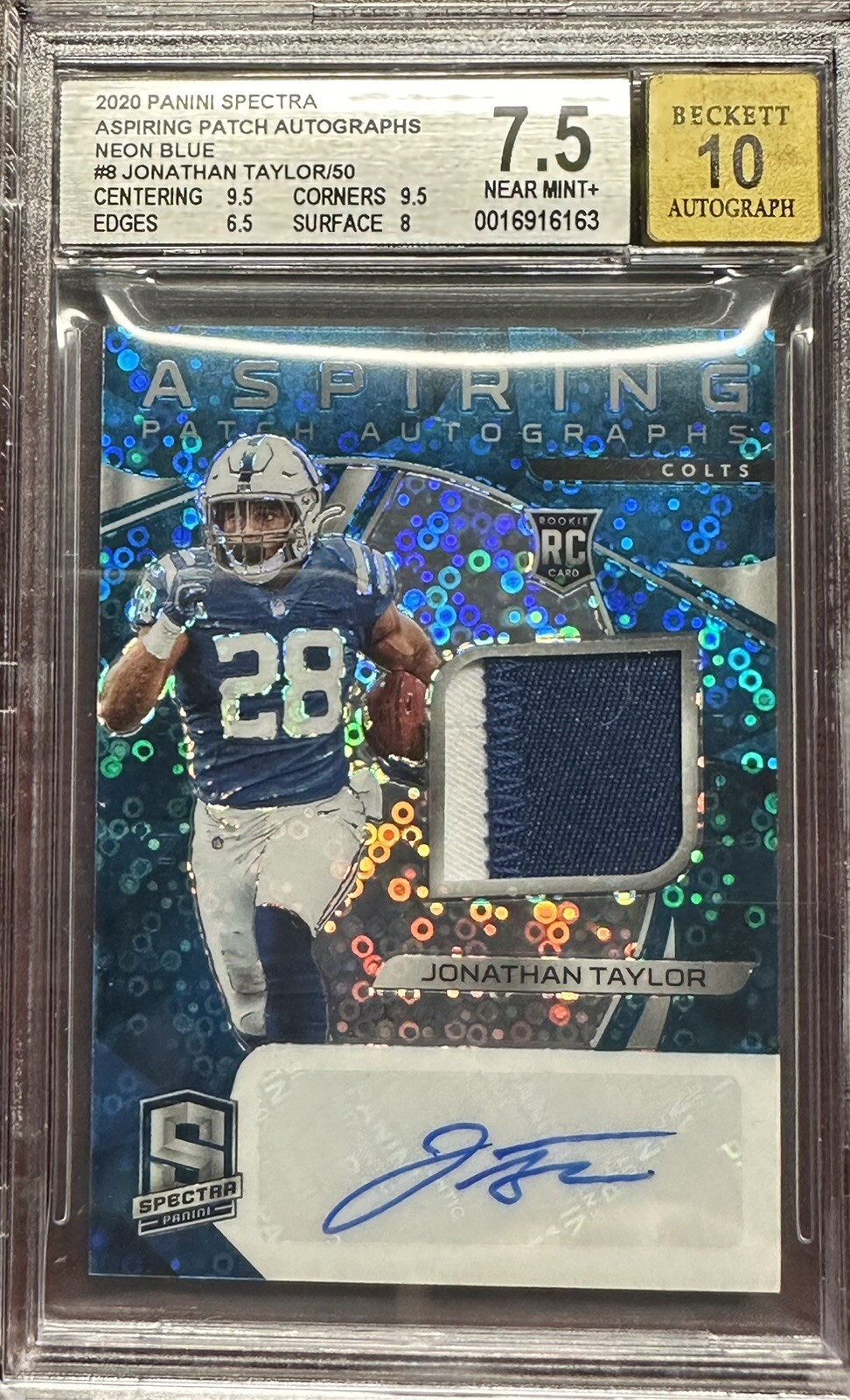 2020 PANINI SPECTRA ASPIRING PATCH AUTOGRAPHS NEON BLUE #8 JONATHAN TAYLOR 02/50