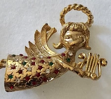 Vintage Signed PIM Rhinestone Gold Tone Flying Christmas Angel Brooch W Harp NOS