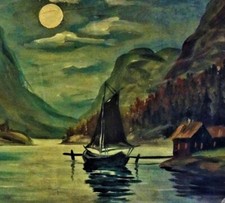 K.T.-Monogramm - Gemälde: FJORD BEI NACHT, BOOT ANKERT VORM FISCHERHAUS