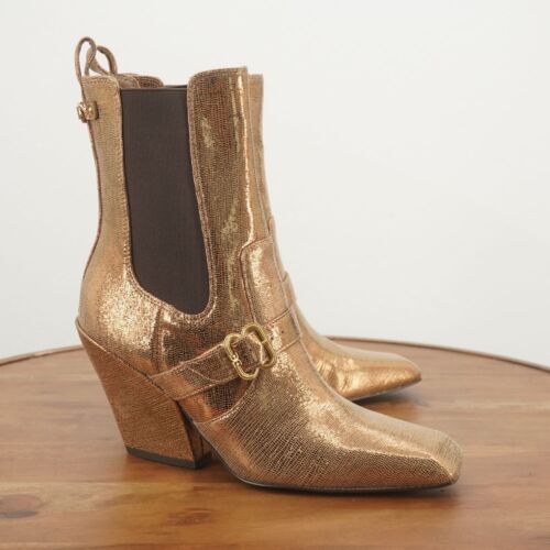 Sam Edelman Womens Suzette Western Ankle Boots Size 7.5 M Gold Shimmer Leather - Picture 1 of 11